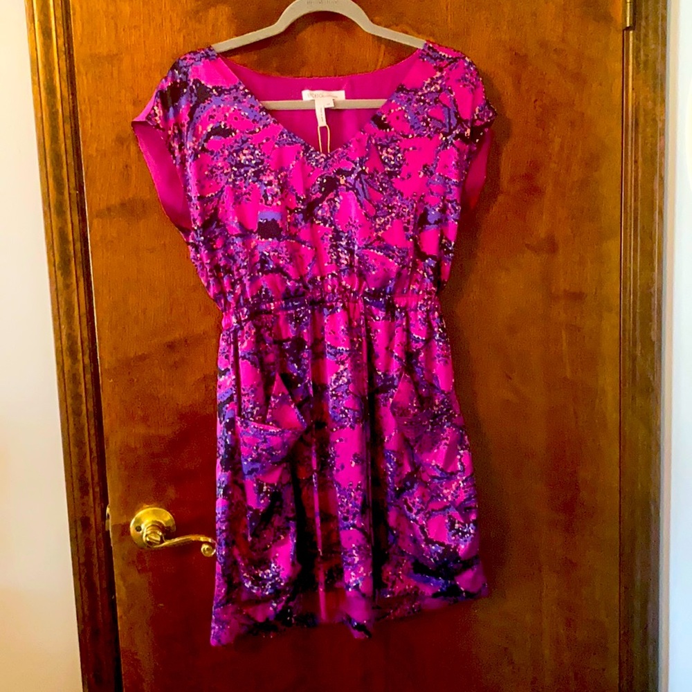 Colorful silk fuschia dress with pockets